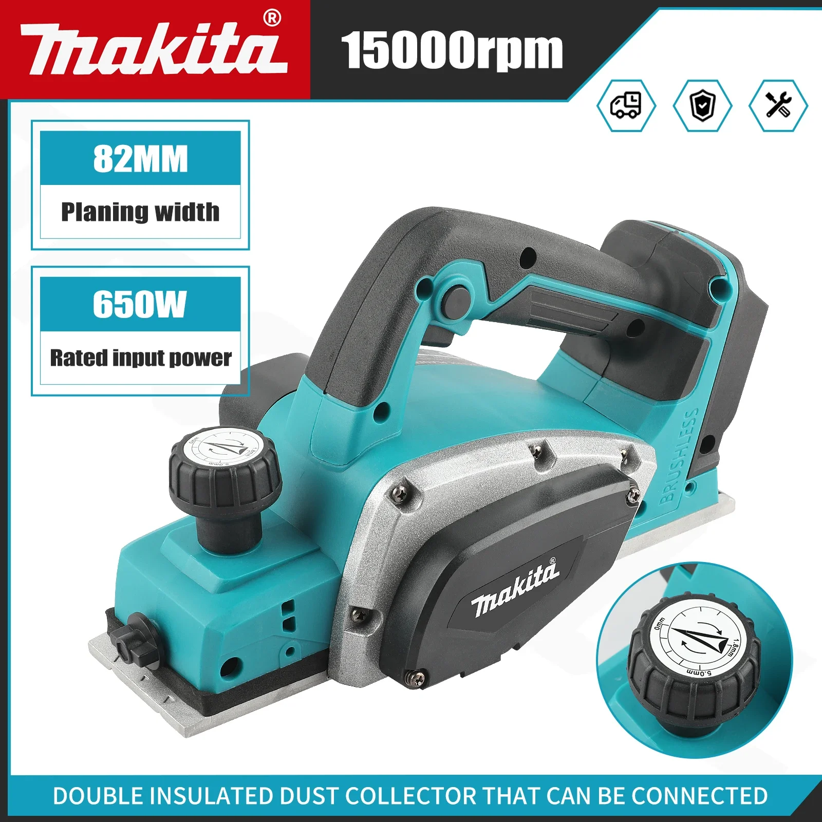 Planer Handheld Electric - DKP180 เครื่องไสไม้ไฟฟ้าไร้สายแบบไร้แปรงถ่าน ชาร์จไฟได้ เครื่องมือช่างไม้แบบมือถือ สำหรับแบตเตอรี่ Makita